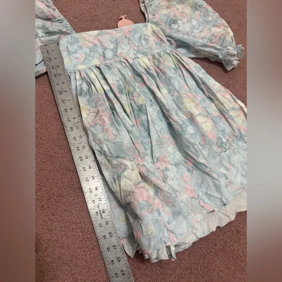 New small selkie pastel blue flower dress short poof sleeve dress gown - Picture 3 of 7